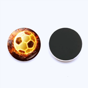 Detailed front and back view of a 25mm flaming football crystal glass fridge magnet