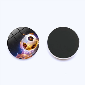 Detailed front and back view of 25mm flaming soccer ball glass fridge magnet and magnetic base