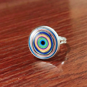 Detailed top view of an adjustable Evil Eye ring with colorful geometric glass inlay
