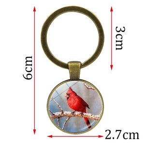 Porte-clés oiseau cardinal vintage avec alliage de bronze et pendentif rond en verre