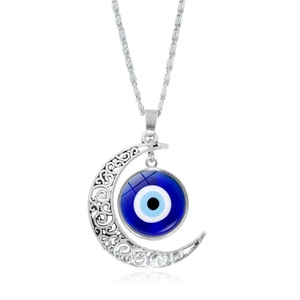 Vintage Böser Blick Halbmond Anhänger Halskette Versilbert Hohl Filigran Ethno Türkischer Stil Legierung Glas Schmuck Damen