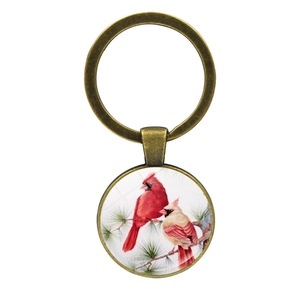 Porte-clés Vintage en Bronze Antique Cardinal Rouge Pendentif Cabochon en Verre Rond Anneau de Clé pour Amoureux de la Nature Femmes Hommes Cadeau de Noël