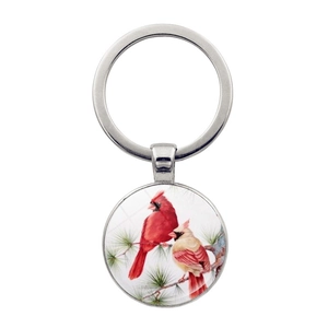 Red Cardinal Bird Art Glass Cabochon Keychain Zinc Alloy Round Pendant Key Ring Nature Winter Snow Scene Jewelry Gift