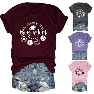 Detail view of cotton t-shirt with multi-sport icons and SURROUNDED BY BALLS print