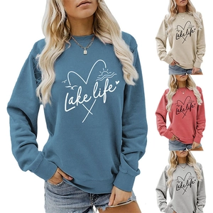 Detail view of Lake Life letter print and casual long sleeve sweatshirt in four colors