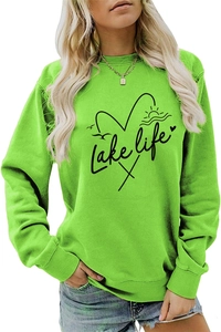 Detail of rib-knit crewneck and Lake Life graphic print on a bright green sweatshirt