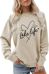 Detail of screen-printed Lake Life graphics on a khaki casual crewneck sweatshirt