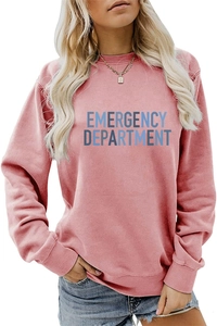Detail of Emergency Department print on coral pink crewneck casual sweatshirt