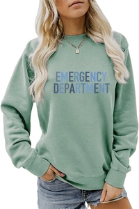 Detail of Emergency Department letter print on sage green crewneck sweatshirt