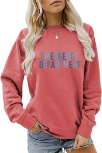 Detail of the Emergency Department letter print on a brick red crewneck sweatshirt
