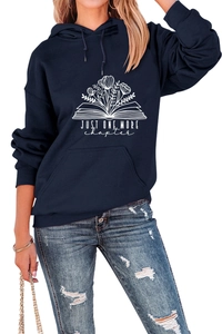 Detail of Just One More Chapter print on navy blue hoodie with floral book graphic