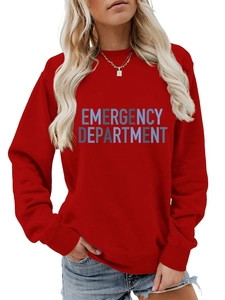 Detail of red crewneck sweatshirt featuring blue EMERGENCY DEPARTMENT printed text