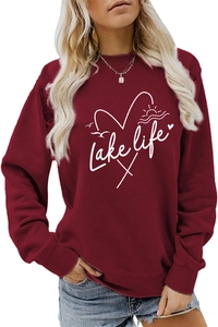 Detailed shot of white Lake Life graphic print on maroon crewneck cotton sweatshirt