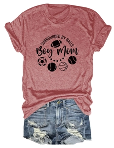 Detail of red heathered Boy Mom T-shirt with sports ball icons and text print