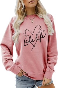 Detail of the Lake Life print and soft ribbed cuffs on this casual pink crewneck sweatshirt