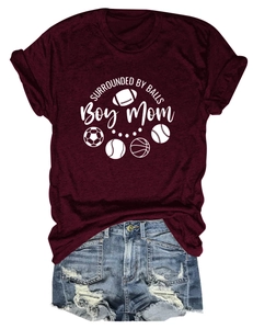 Detail of wine red round neck T-shirt with 'Boy Mom' print and sports ball icons