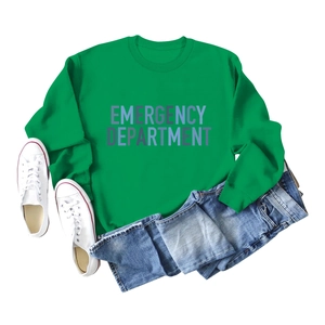 Flat lay of a bright green crewneck sweatshirt with Emergency Department lettering