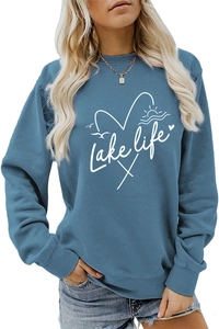 Detail of the white Lake Life graphic print on a soft grey-blue crewneck sweatshirt