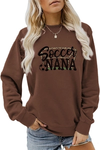 Detail of Soccer NANA graphic print on brown long sleeve sweatshirt with leopard football