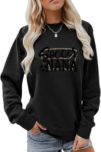 Detail of Soccer NANA graphic print on black crewneck sweatshirt with leopard sports motif