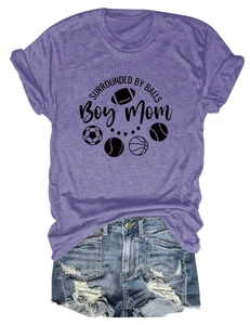 Detail of purple cotton T-shirt featuring Surrounded By Balls sports print and denim shorts