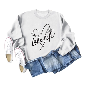 Flat lay of gray sweatshirt featuring Lake Life print with ribbed crew neck and long sleeves