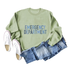 Flat lay of sage green sweatshirt with blue Emergency Department letter print