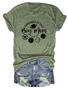 Detail of olive green t-shirt with sports ball icons and Boy Mom text design