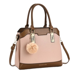 Pink and brown two-tone large capacity shoulder bag with lychee texture and plush charm