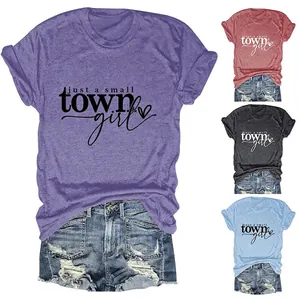 T-Shirt Femme Just A Small Town Girl Imprimé Slogan Mélange Coton Manches Courtes Col Rond Décontracté Streetwear