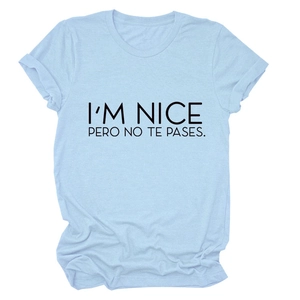 Detail of the letter print on this light blue cotton blend crew neck short sleeve t-shirt