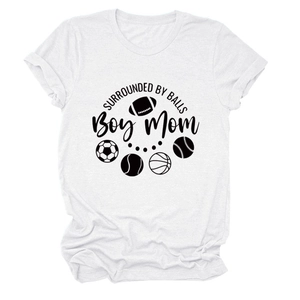 Detail of white cotton T-shirt featuring Surrounded By Balls text and sports icons