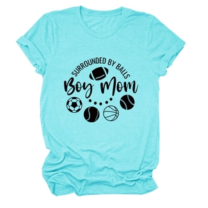 Detail of light blue Boy Mom T-shirt showing sports icons and surrounded by balls text