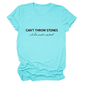 Detail of the high-quality cotton fabric and black letter print on teal crew neck t-shirt