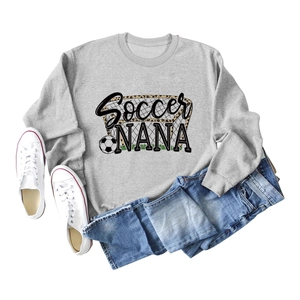 Grey Soccer Nana sweatshirt with leopard football print on flat lay white background