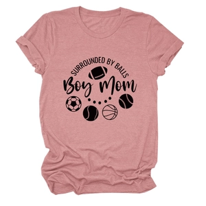 Dusty pink crewneck T-shirt with 'Surrounded by Balls' sports print on white background