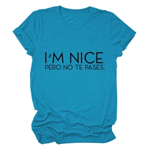 Detail of the slogan print on a peacock blue crew neck short sleeve t-shirt