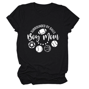Detail of black cotton T-shirt featuring Surrounded By Balls and Boy Mom printed text