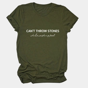 Olive green cotton T-shirt with CAN'T THROW STONES print and rolled sleeve detail