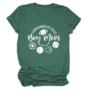 Detail of dark green cotton T-shirt featuring Boy Mom text and five sports ball icons