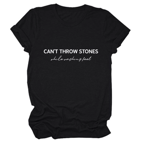 Black cotton t-shirt with white 'CAN'T THROW STONES' slogan print and round neck