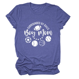 Detail of Boy Mom print on purple heather t-shirt with sports ball icons and rolled cuffs