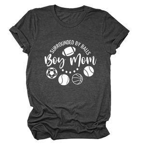 Detail of grey crewneck T-shirt with 'Surrounded By Balls' and 'Boy Mom' sports print