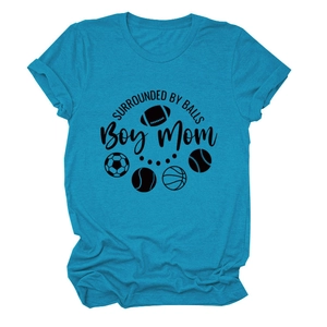 Detail of teal cotton T-shirt featuring SURROUNDED BY BALLS Boy Mom graphic print