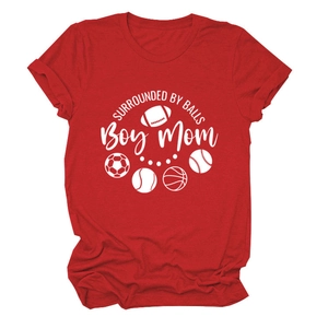 Detail of red Boy Mom T-shirt featuring sports balls icons and circular text design