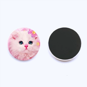 Cute cartoon white cat glass fridge magnet with pink bow showing front and back views