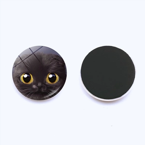 Detailed view of circular glass fridge magnets featuring cute big-eyed cat illustrations