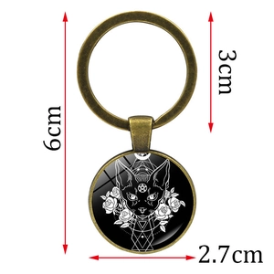 Vintage bronze pentagram cat keychain with glass dome pendant and size measurements