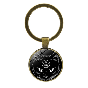 Vintage bronze pentagram black cat keychain with mystic glass dome pendant accessory