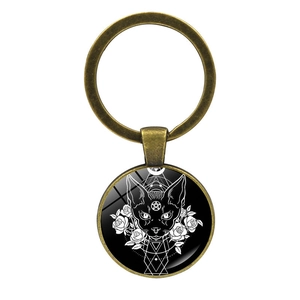 Gothic Witch Pentagram Cat Keychain Retro Bronze Zinc Alloy Glass Cabochon Mysterious Occult Pendant Gift For Women Men